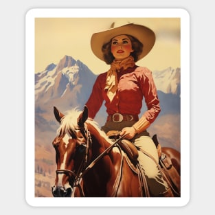 Elegance in Motion: Retro Vintage Cowgirl Horseback Design Sticker